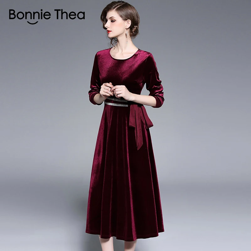 Bonnie Thea женское красное бархатное вечернее платье для вечеринки осеннее