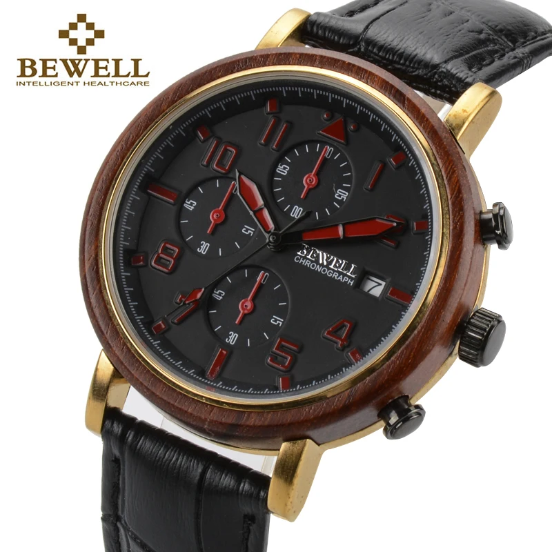 

BEWELL New Waterproof Alloy Wood Men Watches With Luminous Hands And Stopwatch Top Luxury Brand Clock With Leather Band 1061A