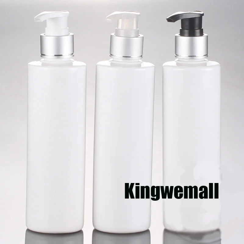 

300pcs/lot wholesale 250ml White Empty Plastic Bottles Container with Silver aluminum Lotion Pump, Cosmetic Packaging