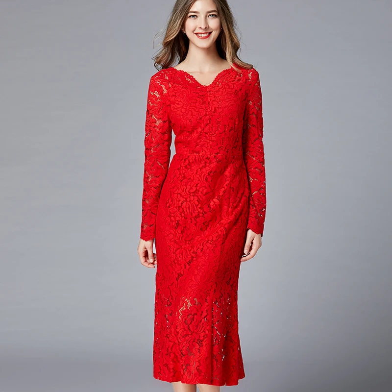 2019 Европейский Дизайн Русалка Кружева Длинные платья Вечерние размера плюс