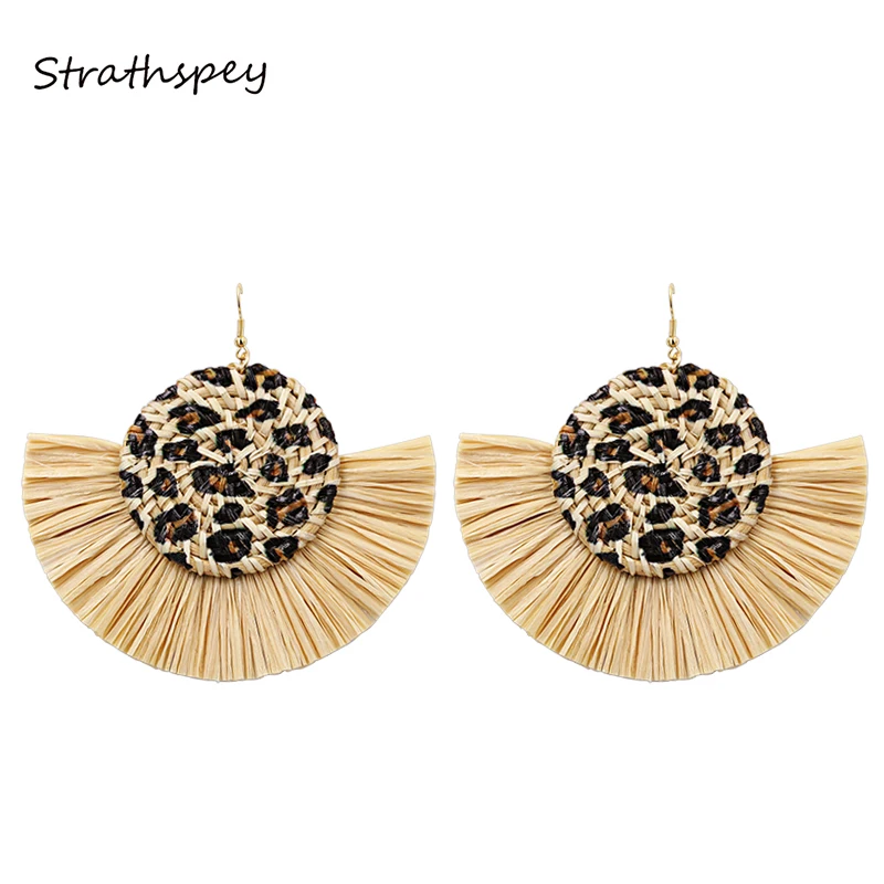 

STRATHSPEY Bohemia Wicker Earrings For Women Leopard Disc Drop Earring Ethnic Rattan Woven Earing Statemnet Jewelry
