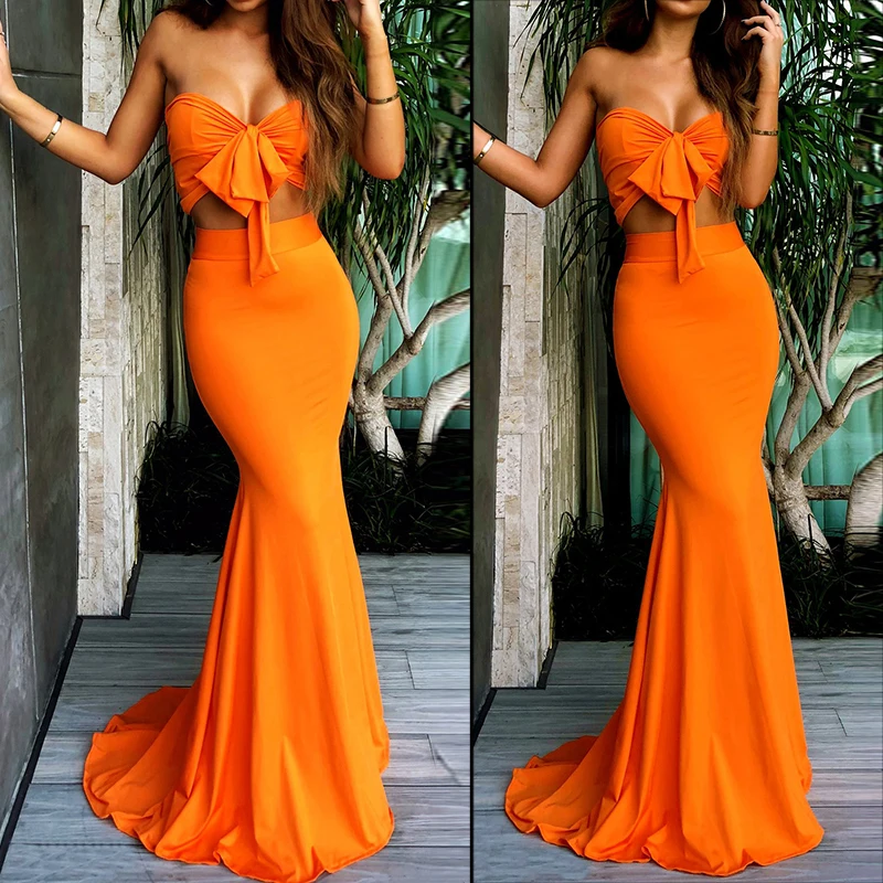 Women Suits bow knot Sleeveless Bodycon Summer two piece set Beach Holiday Lady Orange | Женская одежда