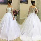 Роскошные свадебные платья с длинными рукавами и круглым вырезом, фатиновые Белые Кружевные Аппликации, пышные платья принцессы на шнуровке, для невесты, свадебные платья