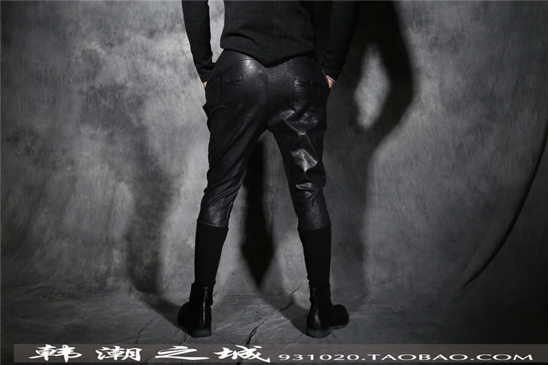 

2018 Big yards men's pantsBlack male slim casual leather pants personalized retro finishing elastic drawstring patchwork hare