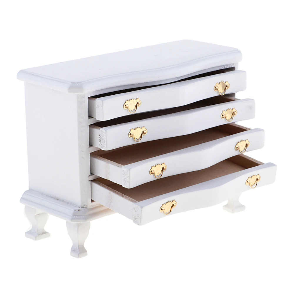 

1/12 Dollhouse Miniature Kitchen Living Room Wooden 4-Drawer Cabinet Furniture White Wood