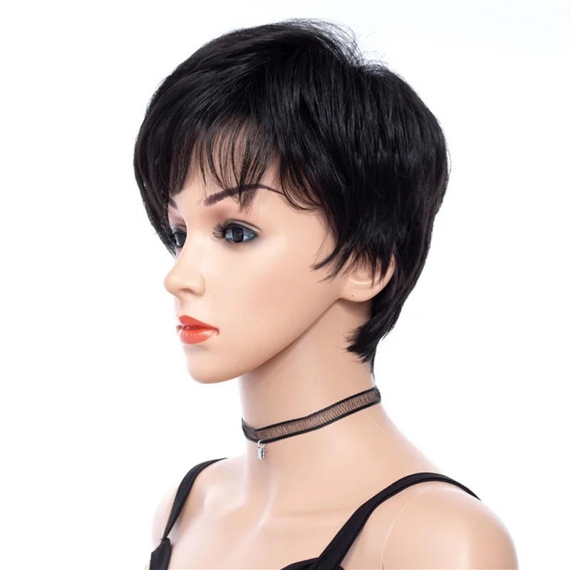 MSI Wigs короткие женские парики в черном кудрявые прямые синтетические волосы парик с боковой челкой без клея 8 дюймов волосы термостойкие