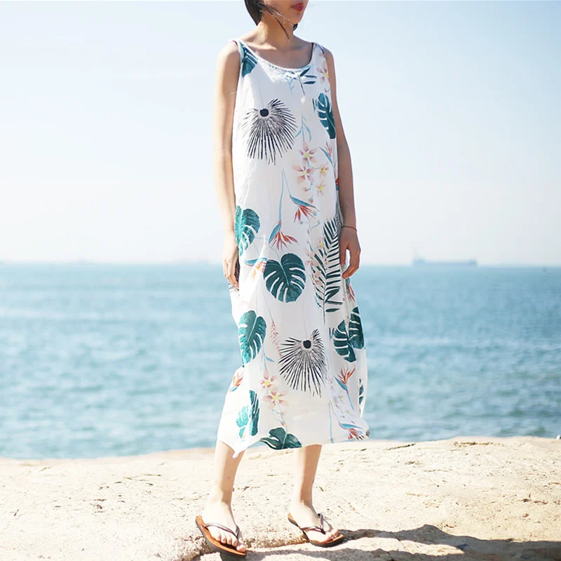 Женское длинное платье на бретельках с принтом из шелка и льна|Женские платья| |