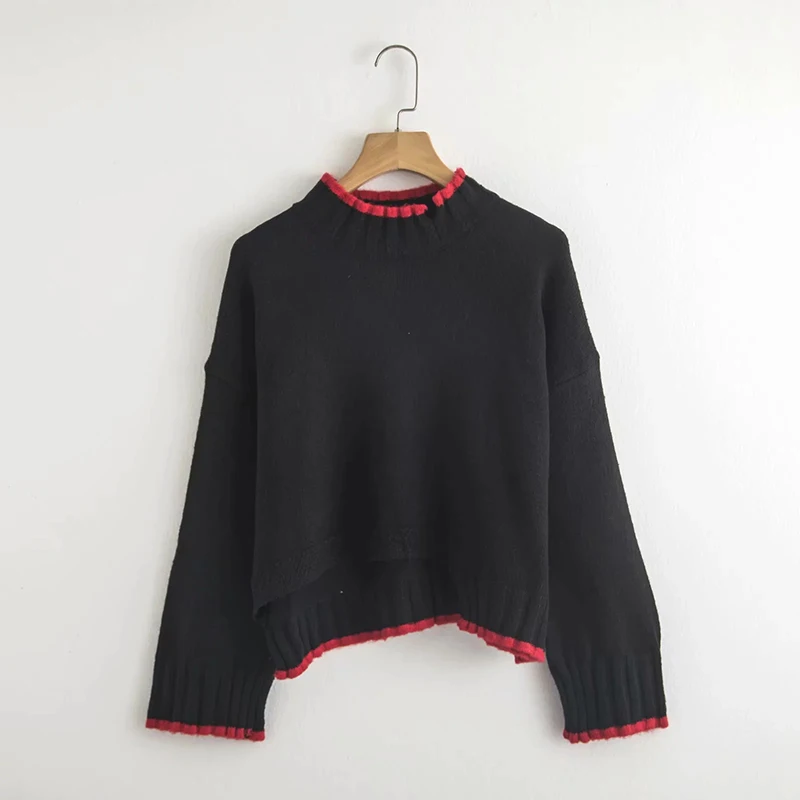Women Winter Gray Pullover Female Notched Collar Warm Autumn Sweater Irregular Design Red Edge Solid Jumper Cothes pull femme | Женская