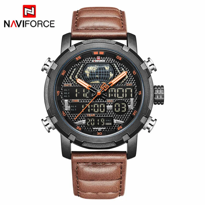 Black Orange NAVIFORCE Лидирующий бренд часы для мужчин модные светодиодный цифровой Кварцевые спортивные часы для мужчин кожа водонепроница - Цвет: Black Orange