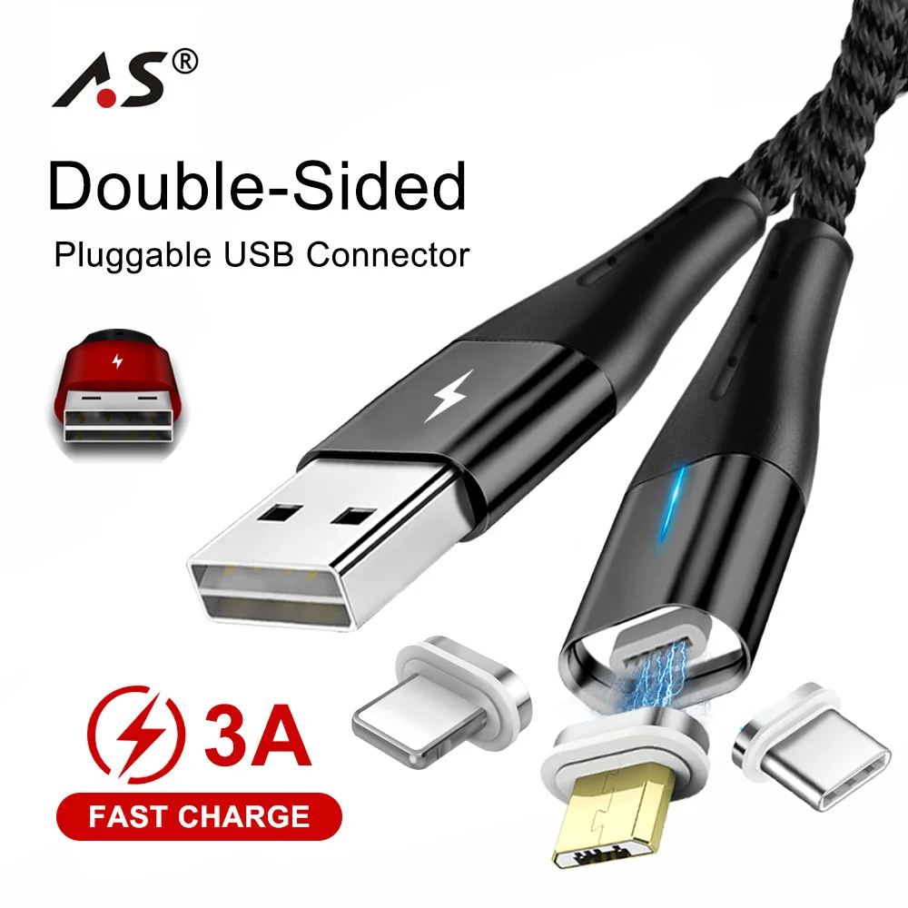 A.S двусторонний Micro USB кабель Магнитный для передачи данных iPhone Samsung S10 Тип C