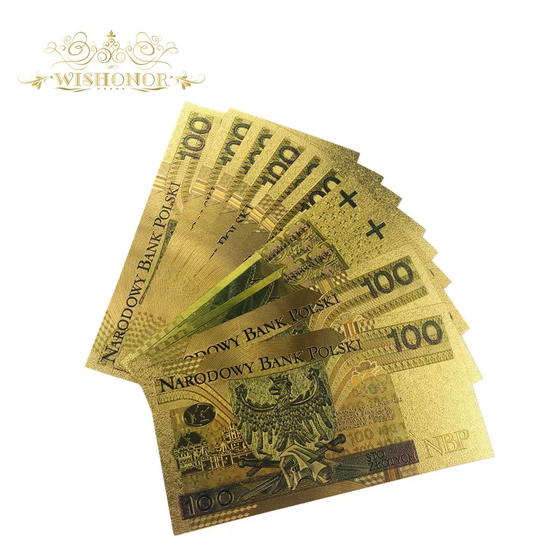 

10pcs/lot Nice Poland Banknotes 100 Bill PLN Gold Banknotes in 24k Gold Plated Paper Money Replica For Collection