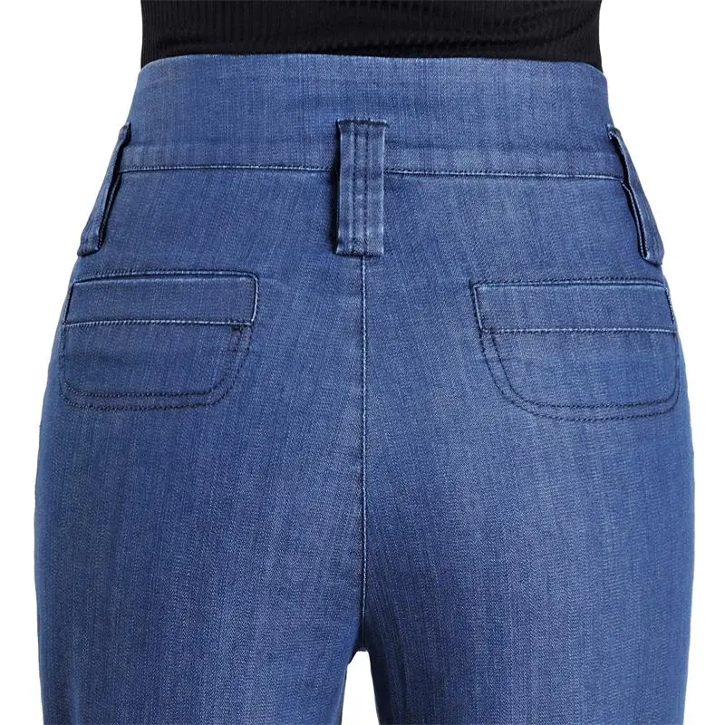 Джинсы женские прямые с высокой талией на осень 2017 синие 28-35 размера плюс |