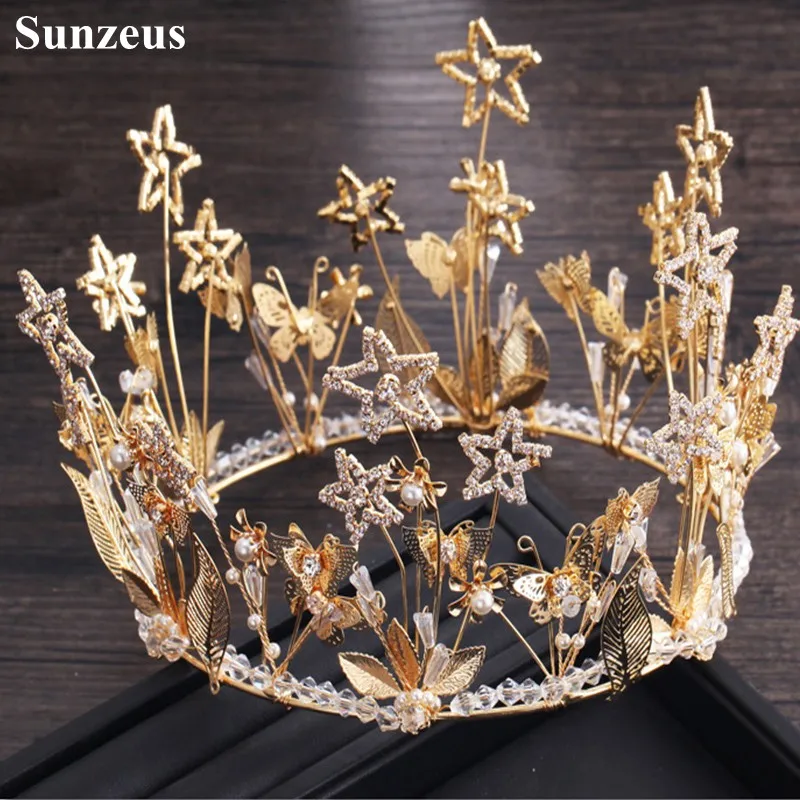 Gold Round Princess Headband for Bridal Shiny Stars Shape Leaves Gorgeous Women Hair Accessories gelin tac aksesuarlar SHA71 | Свадьбы и