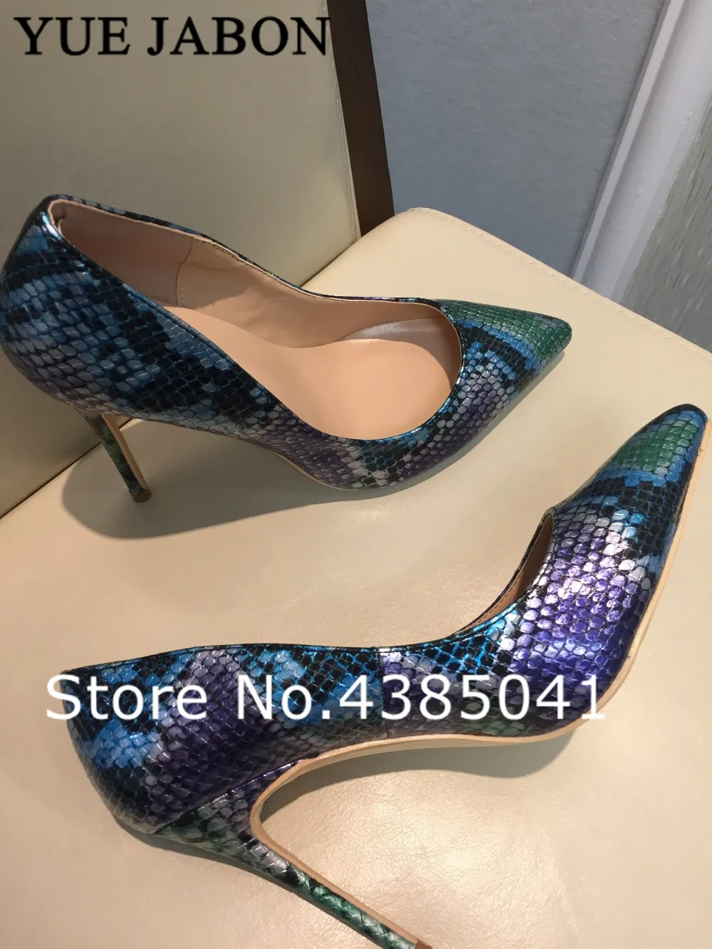 

YUE JABON Women Shoes Blue Snake Printed Sexy Stilettos High Heels 12cm/10cm/8cm Pointed Toe Women Wedding Pumps Real Pictures