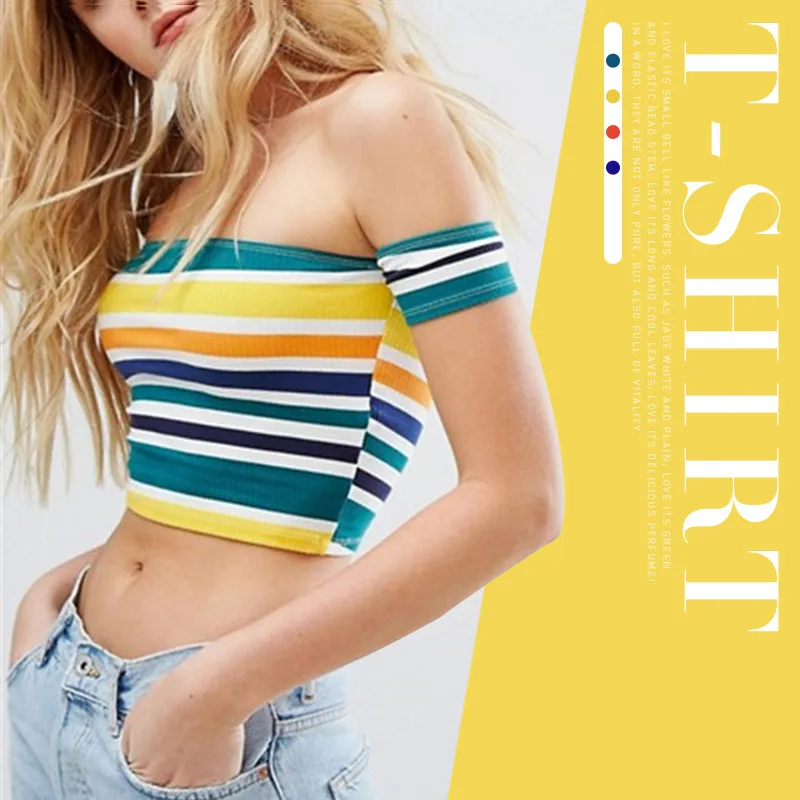 

Sexy Women Off Shoulder Knit Crop Top Colorful Striped Tube Top Ribbed Beach Wear Shirts Women Short Tees Casual Slim Streetwear