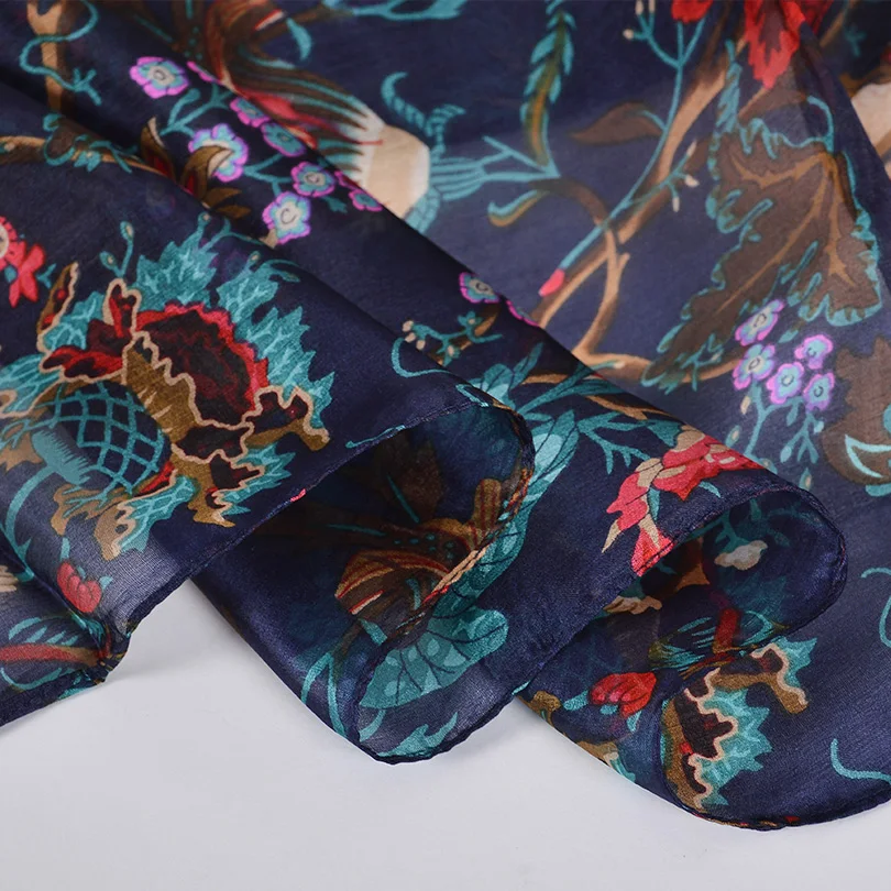 [BYSIFA] Women's Pure Silk Scarf Shawl Fashion Utra-long Scarves Printed Fall Foulard Winter Navy Blue Red Neck Scarf 180*110cm