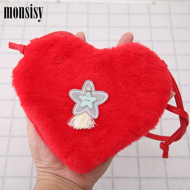 Monsiy сумка с искусственным мехом и сердечком для девочек сумочка Детский кошелек
