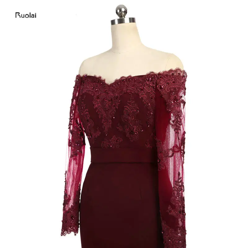 Женское платье Русалка с длинным рукавом заниженной спиной|neck applique|burgundy long