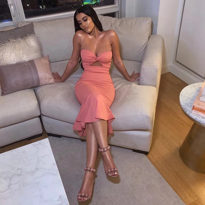 

Max Spri 2019 New Sexy Women Fashion Heart-shaped Strapless Bow Hollow Out Bodycon Trumpet Backless Summer Hot Party Midi Dress