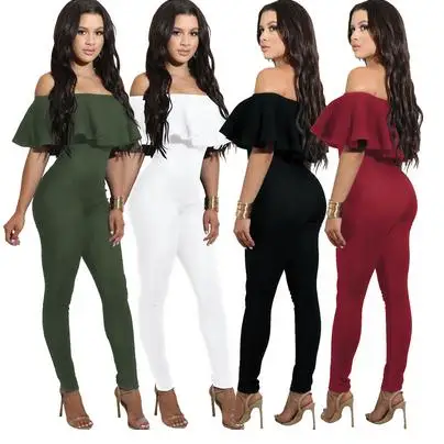 Женский модный комбинезон Одноцветный с оборками открытыми плечами