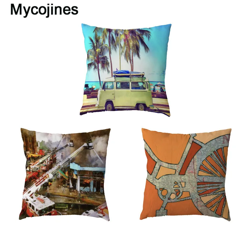 

Shabby chic Fire Truck Cushion Cover Car Bus Bicycle Pillowcase Family Room Sofa Chair Thanksgiving Decorations Throw Pillows