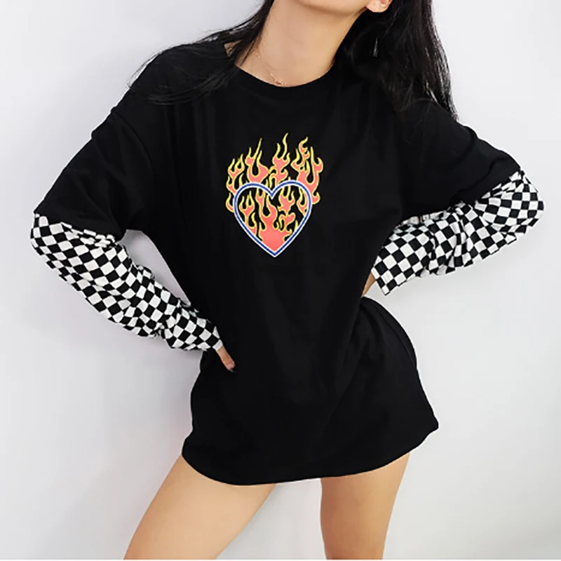 NEW Spring Autumn Plaid Patchwork Long Sleeve Flaming Heart Print Sweatshirt Hoodie Women Black Checkboard Pullover Hoodies | Женская