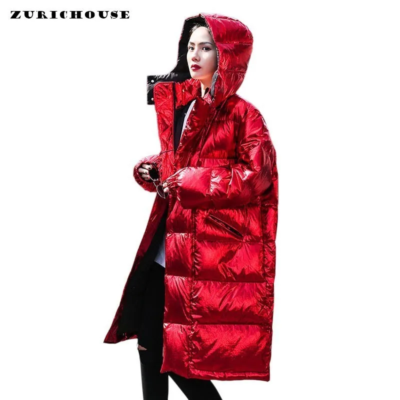 ZURICHOUSE Глянцевая зимняя куртка Женская Длинная с капюшоном Толстая теплая пуховая стеганая парка Женская яркая металлическая красная пуховая куртка женская