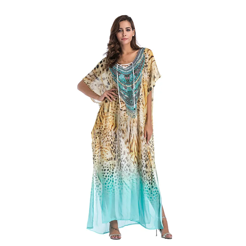 Vestidos Verano 2018 Summer Robe Femme Boho Open Loose Long Chiffon Batwing Sleeves V Neck Lepord Print Party Beach Dress W1010 | Женская