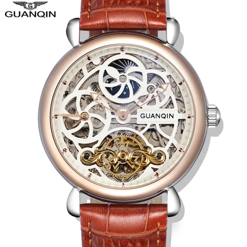 Часы со скелетом GUANQIN, модные мужские часы с большим циферблатом, 10 бар, автоматические часы для плавания, фаза Луны, светящиеся турбийон, механические часы