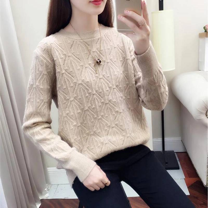 

2019 Spring Autumn Women New Korean version pullover Hollow bottoming shirt Sweaters O-Neck Pullovers Knitted Loose Sweaters
