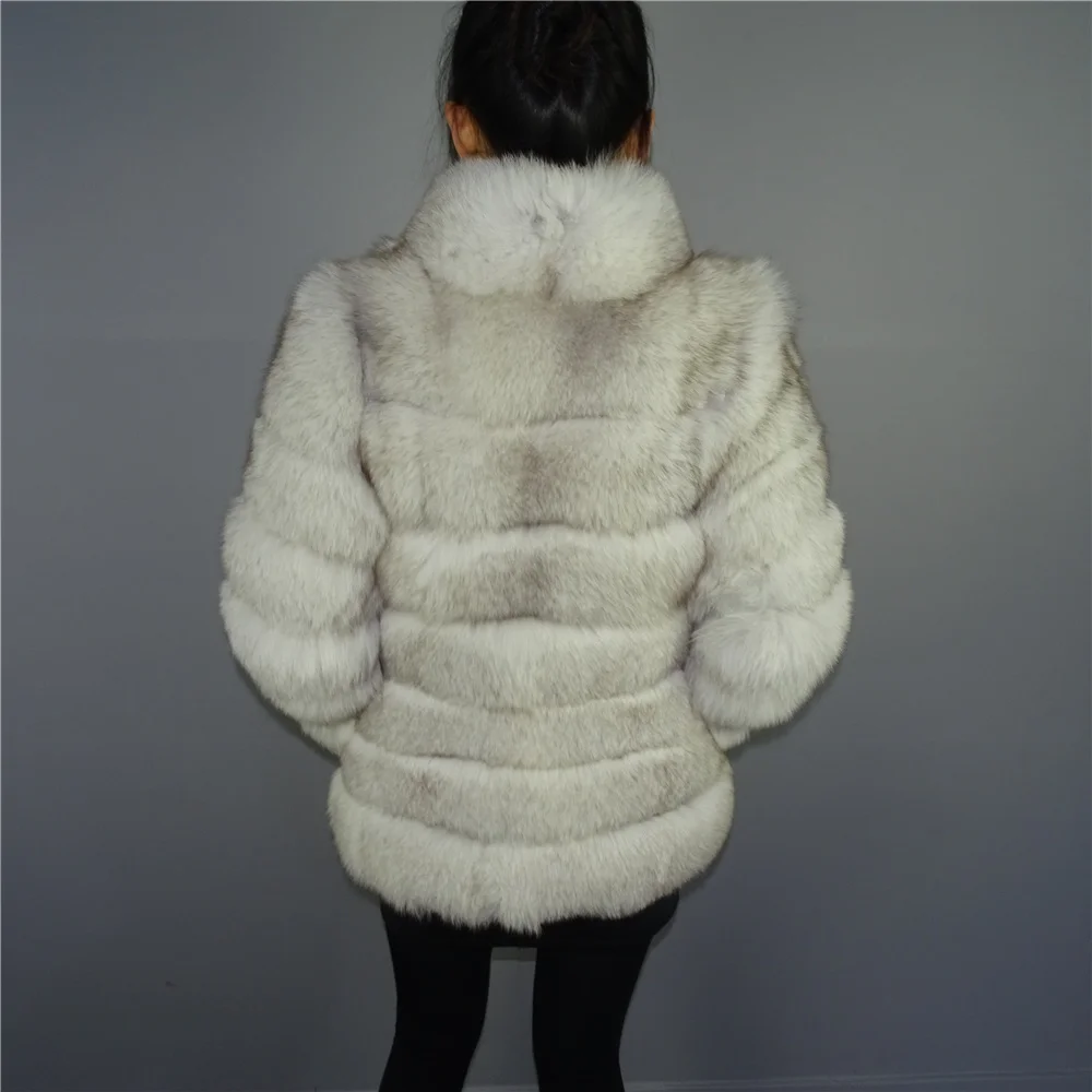 Real Nature White Blue Fox Fur Vertical stripes patchwork stripe coat outwear long jacket parka Winter Trench Stand up Collar | Женская