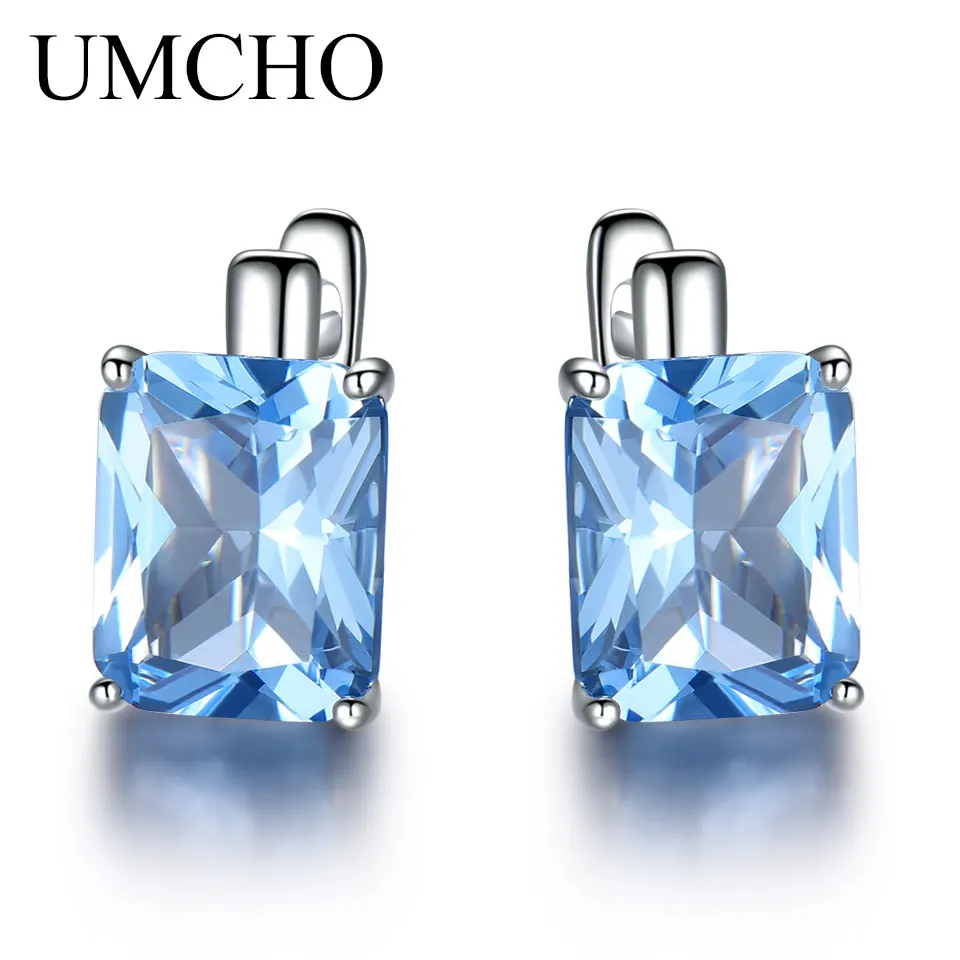 Sky Blue Topaz UMCHO Твердые 925 пробы серебряные серьги роскошные прямоугольник создан Небесно голубой топаз клип серьги для женщин подарок хорошее ювелирное изделие - Цвет камня: Sky Blue Topaz