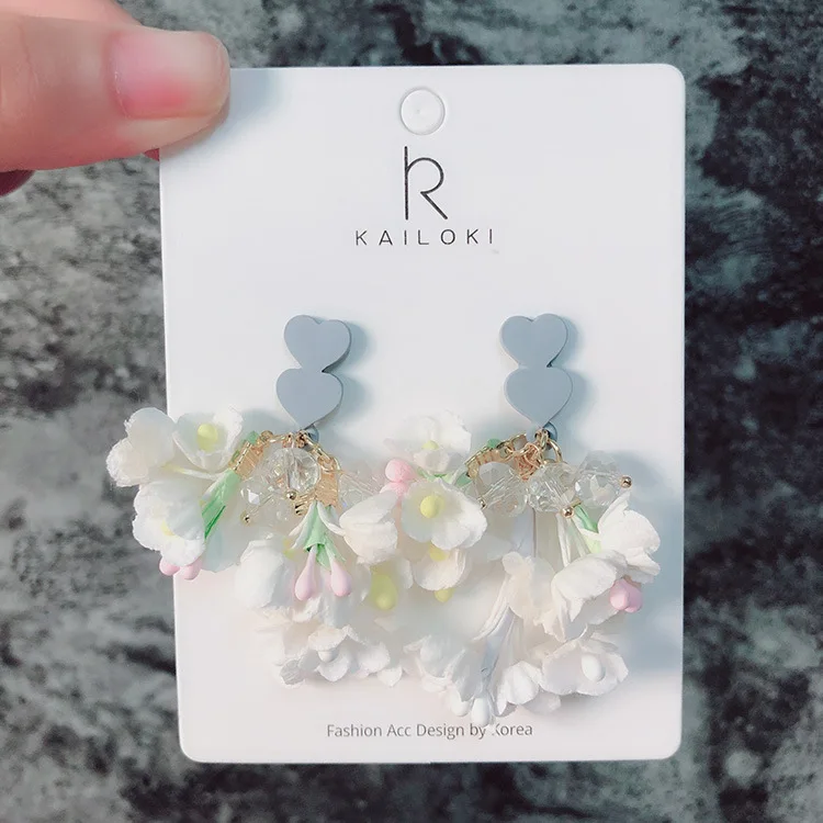 Korean Females sweet personality heart earing temperament pink Dry flowers crystal water drop earrings for women fashion jewelry | Украшения