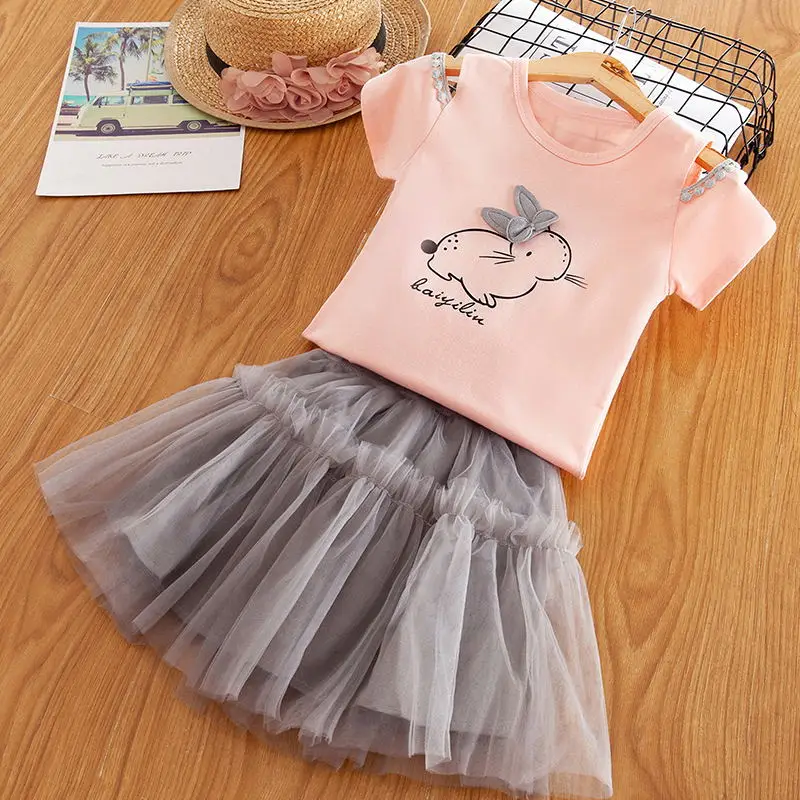 Pink Rabbit Dress Милые комплекты одежды для маленьких девочек коллекция года, летняя футболка с Фламинго+ Пышная юбка комплекты из 2 предметов праздничные Детские платья принцессы для девочек - Цвет: Pink Rabbit Dress