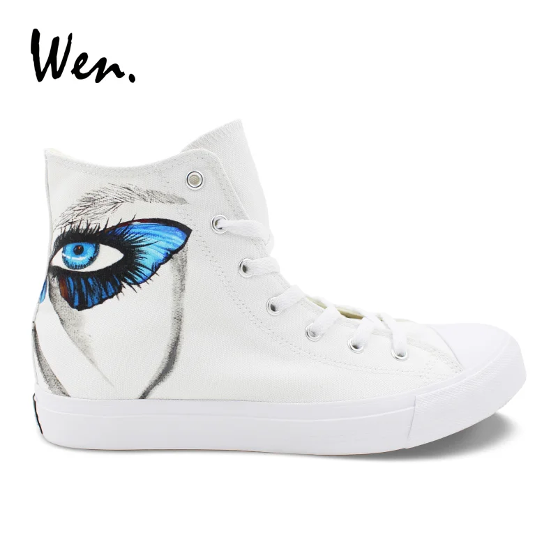 

Wen Young People Style Butterfly Eyes Hand Painted Shoes Casual Flat Lace-up Boy Girl's Solid White Canvas Vulcanize Shoes