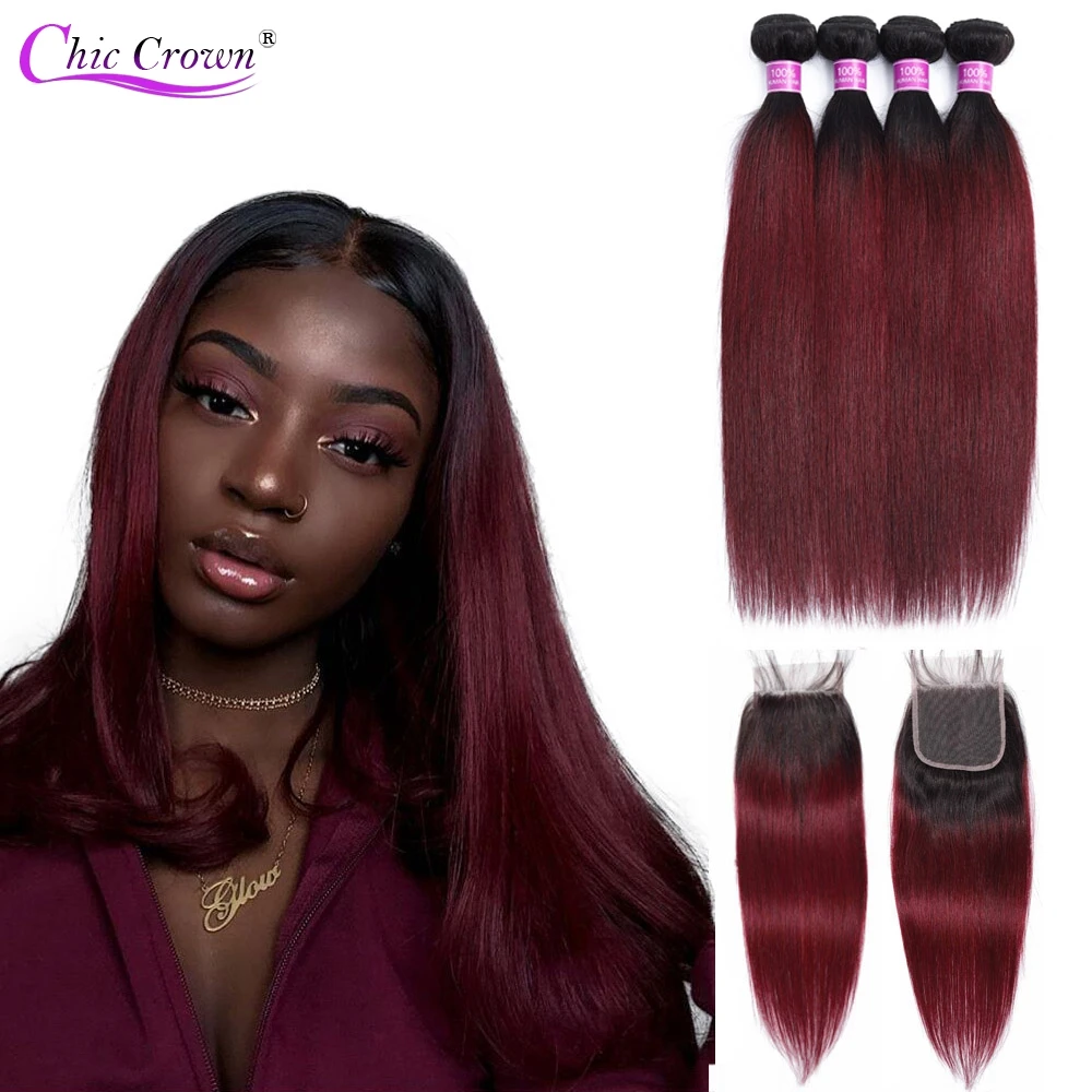 

Burgundy Straight Hair 4 Bundles With Closure Ombre Peruvian Human Hair Bundles With Lace Closure