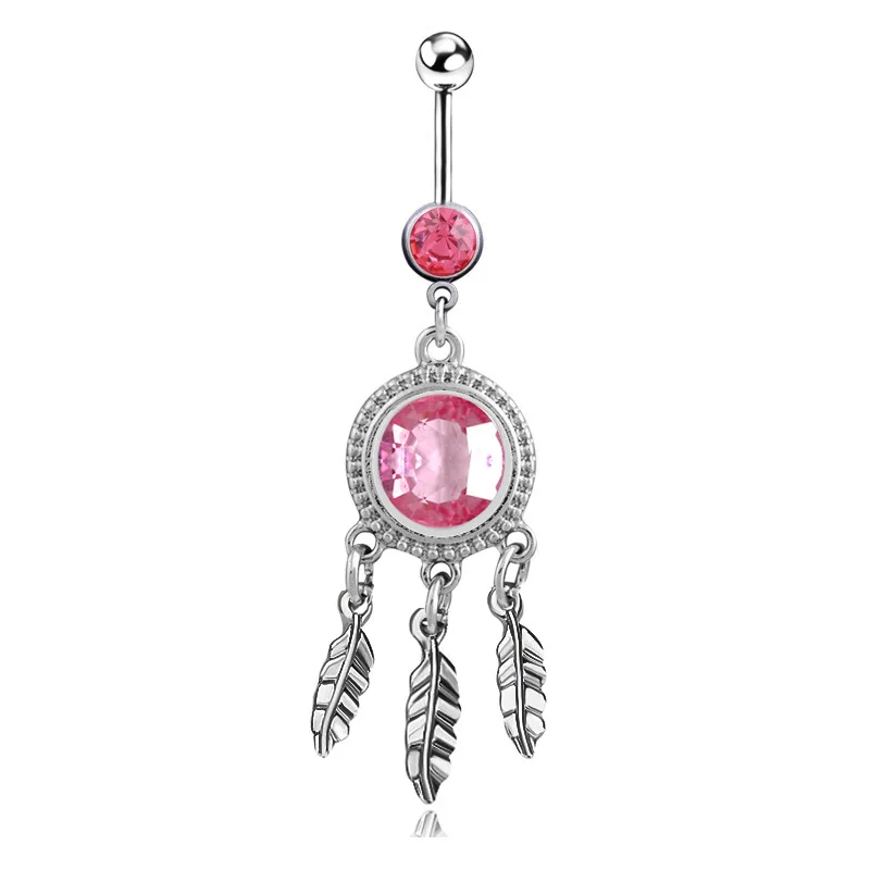 2019 new arrivals big Gemmed pink Dangling Leaves Surgical Stainless Steel luxury Barbell Navel belly button rings body jewelry | Украшения