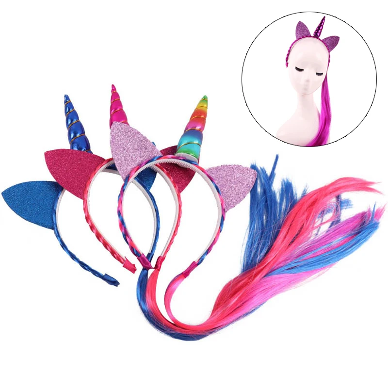 

Fashion Rainbow Color Ponytail Unicorn Headbands Glitter Ears Kids Girls Princess Braid Wig Hairbands Hair Accessories