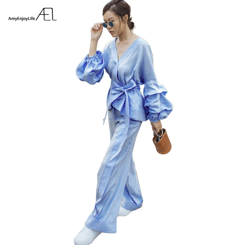 AEL Fold Bishop Sleeve Kimono Type Blouse and Loose Long Broad Leg Pants 2018 Women Clothing Two Piece Set Satin