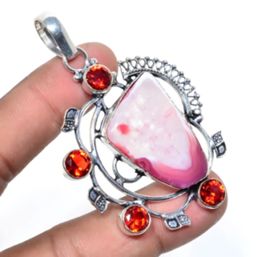 

Solar Agates,Garnets Pendant Silver Overlay over Copper, 67 mm , P6005
