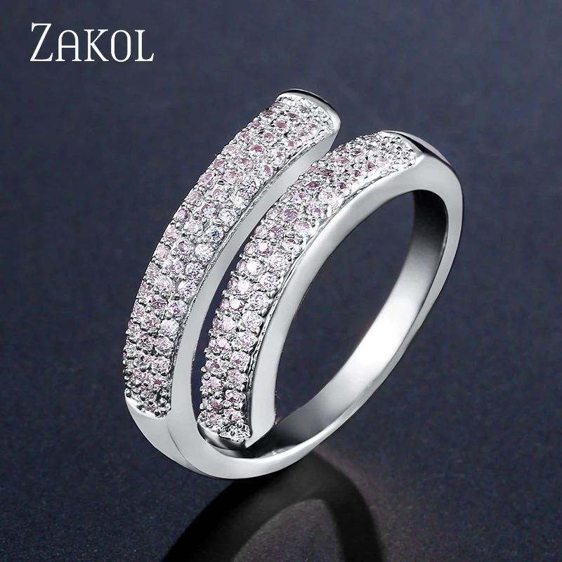 ZAKOL, фирменный дизайн, новинка, белый цвет, AAA, кубический цирконий, Открытое кольцо, модное для женщин, круглый кристалл, свадебные украшения, FSRP228