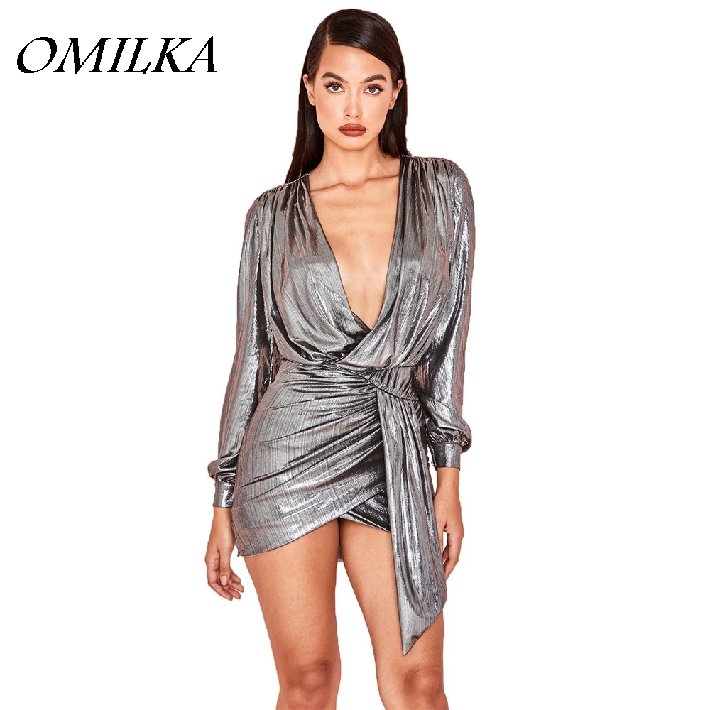 OMILKA 2019 весеннее женское блестящее облегающее платье с длинным рукавом и