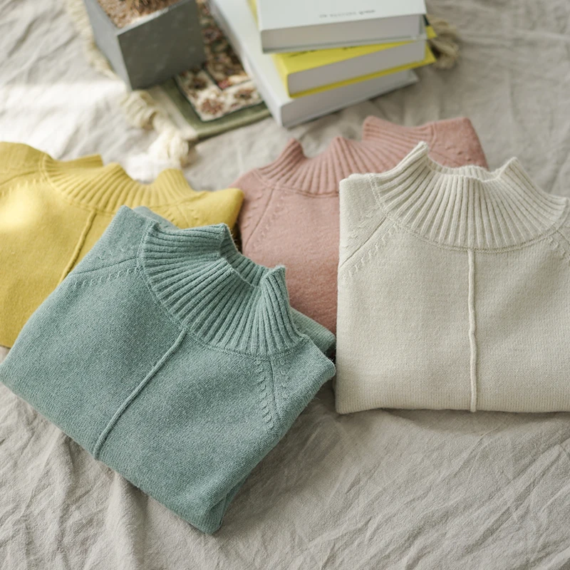 Одноцветное цвет Core Пряжа половина высокий воротник пуловер свитер mori girl 2018