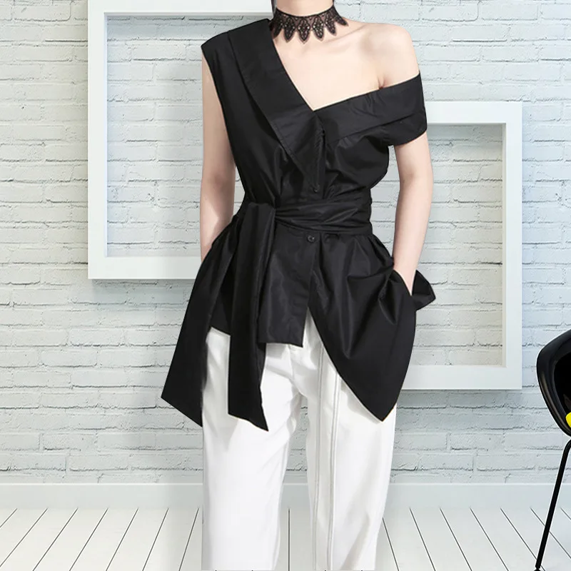 Women Blouse Skew Collar Sleeveless Belted Casual Shirt Asymmetric | Женская одежда