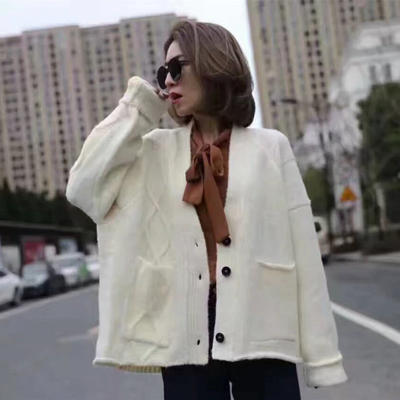 

2017 women's autumn winter long V-neck sleeve loose knit cardigans female woman irregular casual sweaters