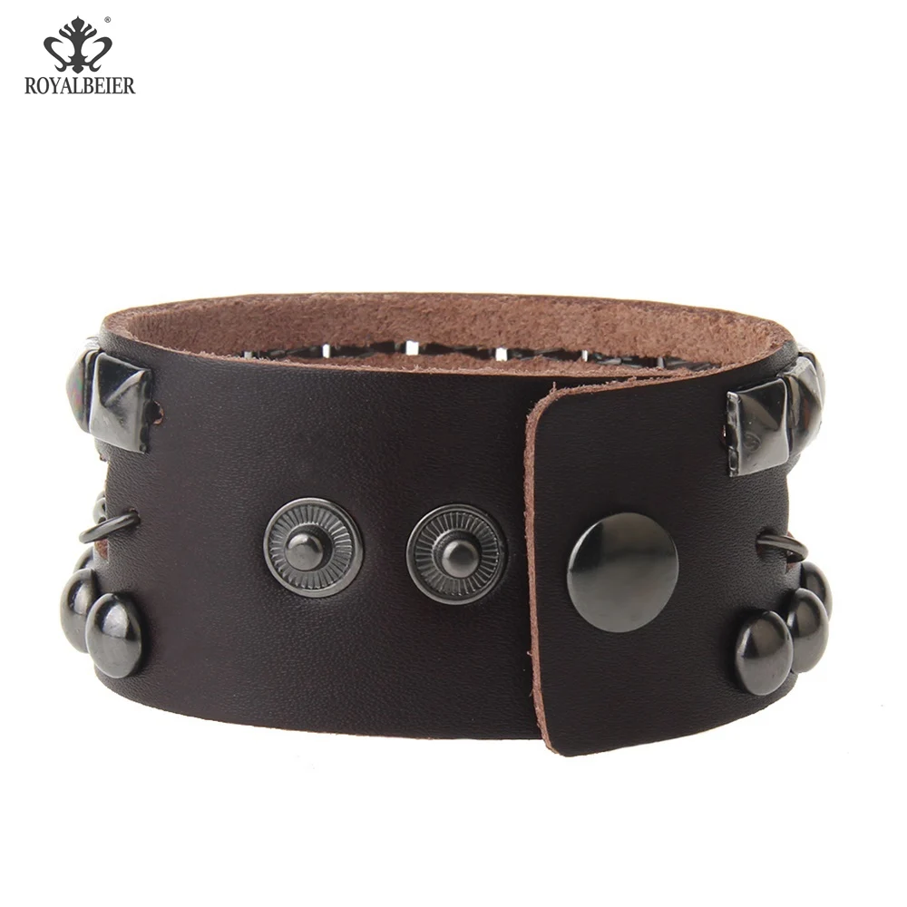 

1pc Punk Rock Bracelet Genuine Leather Bracelets Metal Bangle&Bracelet Adjust Wrap Jewelry Buckle Pulseras For Men Women