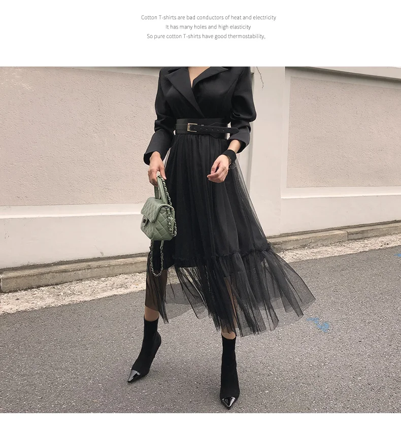 

Elegant Blazer Dresses 2019 Spring Casual Mesh Patchwork Notched Collar Long Sleeve With Belt Midi Dresses Big Swing