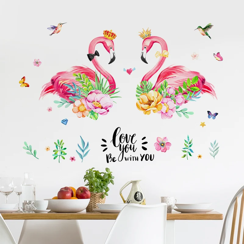 [shijuekongjian] Romantic Flamingo Wall Sticker DIY Plant Leaves Animals Decals for Kids Rooms Baby Bedroom Decoration | Дом и сад
