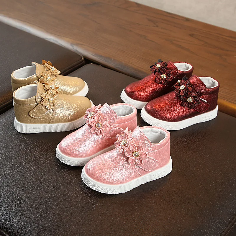 Autumn Toddler Baby Girls Shoes Children Fashion PU Flowers Short Boots Pink Gold Casual Kids Martin for Girl CSH796 | Детская одежда и