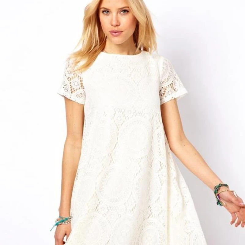 Summer Plus Size Lace Dresses Vintage O-neck Loose A-Line Short Sleeve Party Dress Ladies Elegant Hollow Out Vestidos FP0419 | Женская